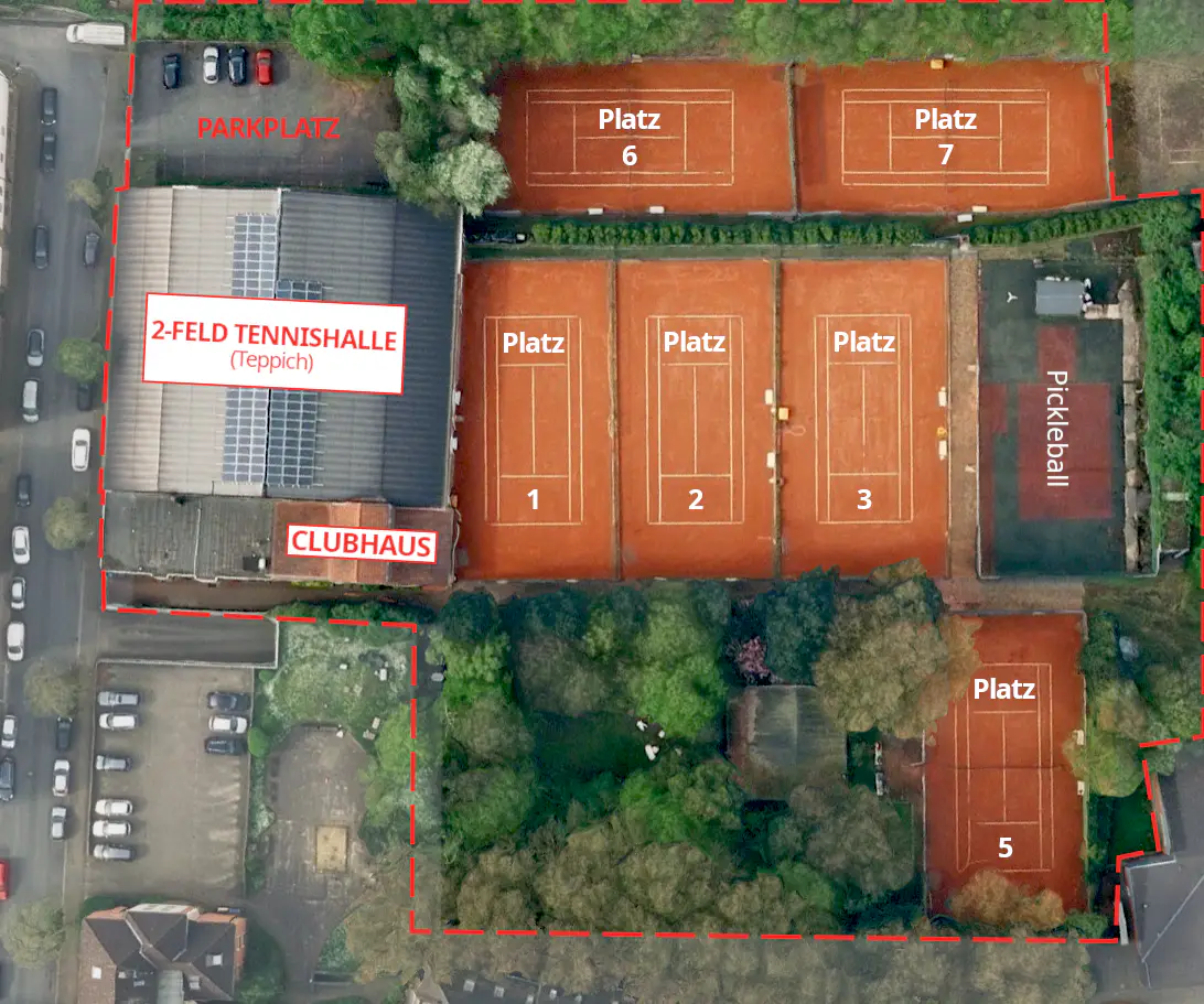 Lageplan der Tennisanlage des TC Friedrich der Große Herne mit 6 Sandplätzen, 2-Feld-Tennishalle, Pickleball-Platz, Clubhaus, Terrasse und Parkplatz
